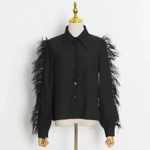 Black Patchwork Feather Shirt For Women Lapel Long Sleeve Minimalist Casual Blouse Female Fashion Clothing