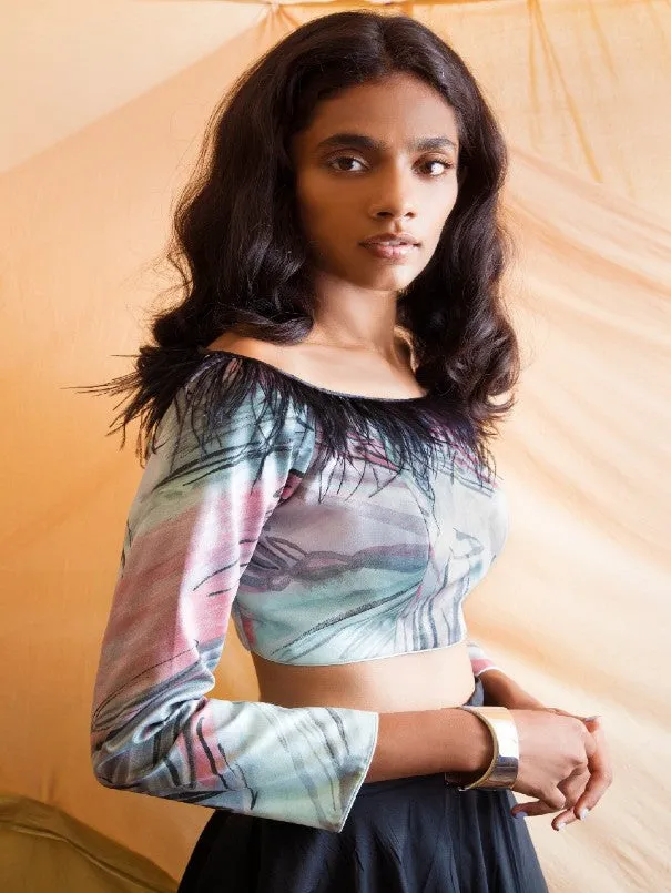 Black Tafetta Skirt with Strokes Print Blouse (Set of 2)